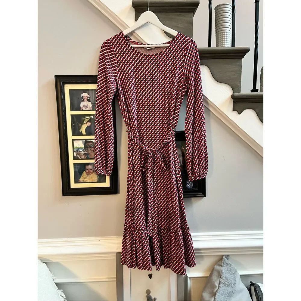Boden Red Blue & White Print Ruffle Hem Belted Stretch Dress sz 4 L Tall EUC